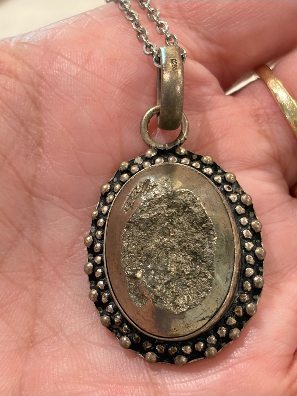 Genuine Pyrite Druzy Silver Pendant Necklace • Solid 925 Sterling Silver 16”
